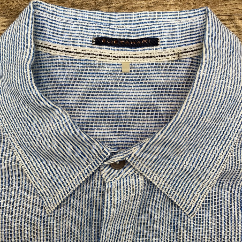 Elie Tahari Linen Pinstriped Button Up Shirt With Pockets - Picture 14 of 16